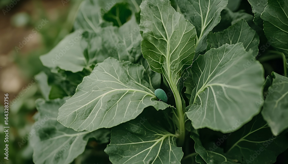 Close-up of a vibrant green insect nestled amongst lush, textured collard green leaves. A tranquil image of nature's details. Close-up of a vibrant green insect nestled amongst lush, textured collard green leaves. A tranquil image of nature's details.