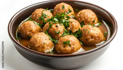Bowl of Jewish matzoh balls soup isolated on white, top view photo