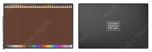 Set of 36 colored pencils. Black tin case. Coloring tools. School supplies. Drawing