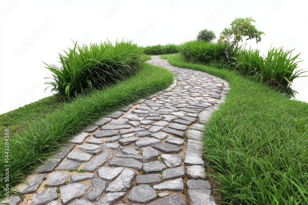 Obraz premium A winding stone pathway surrounded by lush green grass and plants, leading off into the distance under a white sky.