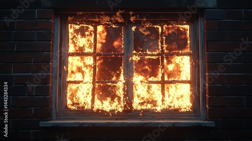 Burning window on brick wall