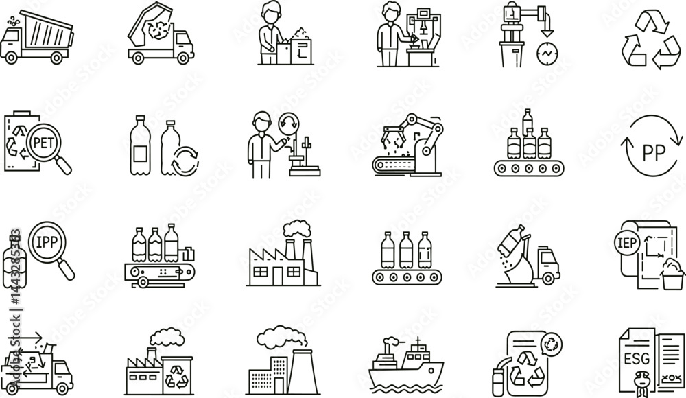 Naklejka premium Plastic recycling line icon set. Vector pictograms of waste, conveyor, sustainability, reuse, energy, thermal, chemical, sorting process, bin, truck, logistics