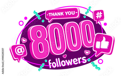 Thank you 8000 followers, peoples online social group, happy banner celebrate, Vector illustration