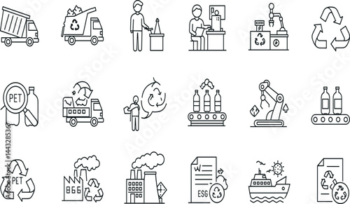 Plastic recycling line icon set. Vector pictograms of waste, conveyor, sustainability, reuse, energy, thermal, chemical, sorting process, bin, truck, logistics