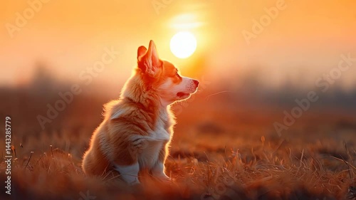 cute puppy of corgi dog sitting on sunset beach