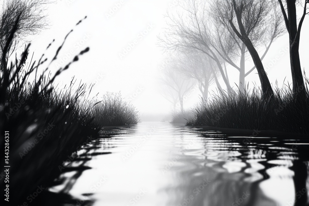 Obraz premium Serene black and white landscape featuring a calm river flanked by misty trees and tall grass.