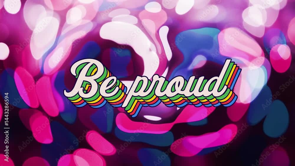 Retro script text being displayed over glowing bokeh shapes, with rainbow shadows in flat design