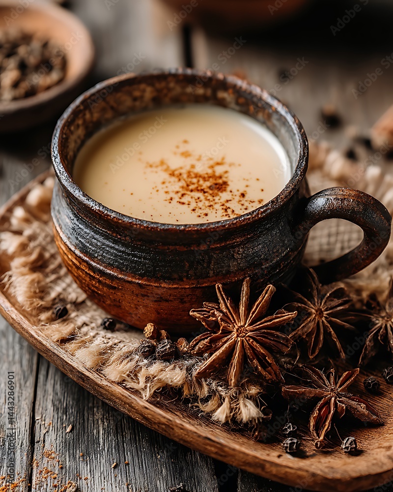 Warm drink in dark pottery mug with spices on wood surface and tray Warm drink in dark pottery mug with spices on wood surface and tray