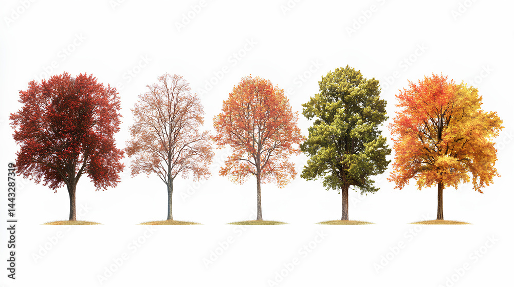 Naklejka premium Set of autumn Quercus palustris (also called pin oak, swamp oak, or Spanish oak) trees isolated on a white background