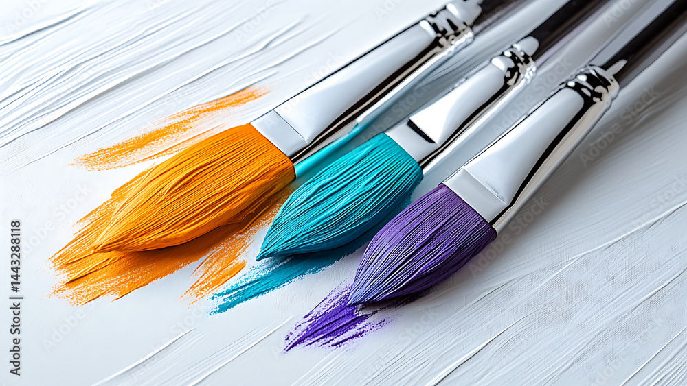 Fototapeta premium Paint brushes with various colors on a textured white surface. This artistic image is used to illustrate creative work in file management software.