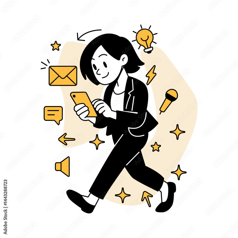 Fototapeta premium Vector illustration of a businesswoman walking while using a mobile phone for business chat, symbolizing fast digital communication, messaging, and remote work in a modern setting
