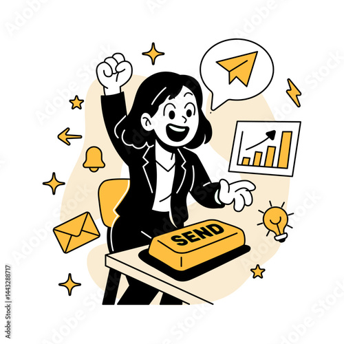 Vector illustration of a businesswoman enthusiastically sending an email blast, symbolizing digital marketing, communication, and successful online campaigns in a modern business setting.