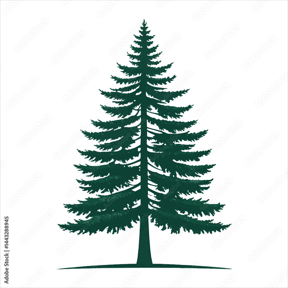 Obraz premium A simple, symmetrical of a tall evergreen pine tree with layered branches, dark green color, isolated on a clean and minimalistic flat vector style