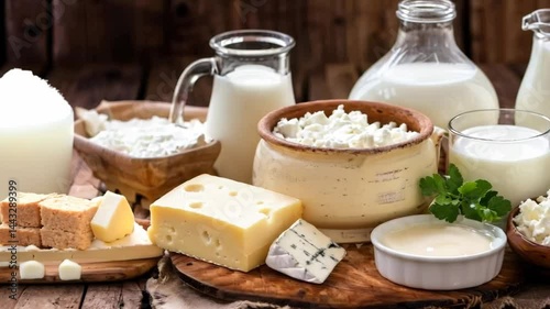 The wooden table displays various dairy products: milk, cheese and butter.