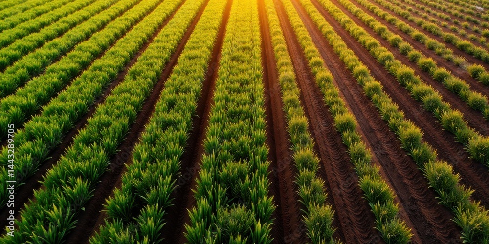 Golden Hour Illumination on Verdant Rows of Cultivated Plants in a Lush Agricultural Field Golden Hour Illumination on Verdant Rows of Cultivated Plants in a Lush Agricultural Field