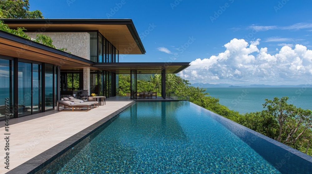 Fototapeta premium Luxury Modern Villa with Infinity Pool Overlooking Scenic Ocean View