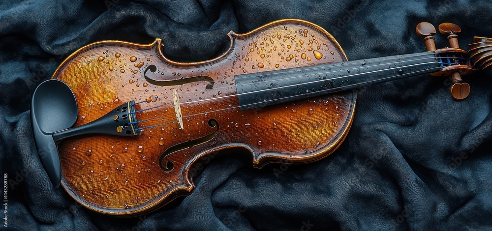 Fototapeta premium Dew-Kissed Violin: A Symphony of Water and Wood