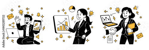 Vector illustration of business communication, man on video call, woman presenting charts, and woman shaking hands, all in a clean, modern corporate cartoon style.