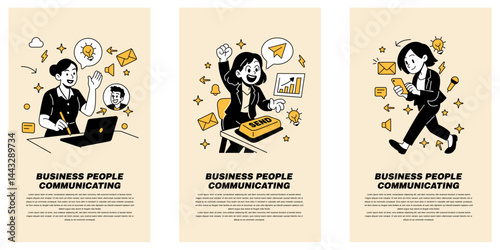Vector illustration of business communication, woman in a virtual team meeting, sending an email blast, and chatting via mobile, in a clean, modern flat cartoon style.