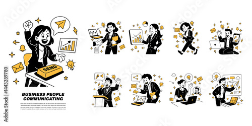 Vector illustration set of business people communicating. video calling, presenting, emailing, networking, and public speaking in a modern, energetic flat cartoon style.