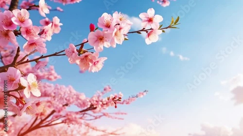 Blooming Cherry Blossom Tree Branches Against a Clear Blue Sky on a Spring Day.