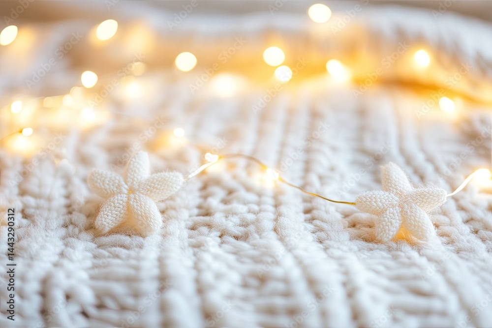 Warm, cozy white knit fabric with delicate string lights and small star ornaments Warm, cozy white knit fabric with delicate string lights and small star ornaments