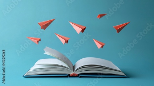 An isolated blue background enhances the charm of an open book with paper planes.