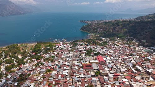 Beautiful aerial view of the San Juan La Laguna next to the Atitlan lagoon in Guatemala, and next to the Trailhead to Mirador Kaqasiiwaan