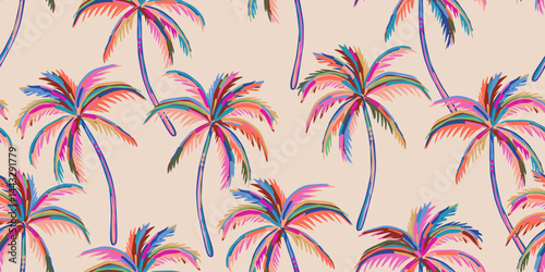 Tropical pattern with freehand drawn palm trees. Hawaiian summer background. Coconut tree print for fabric, textiles, packaging, cover, poster, banner, wallpaper, interior. Vector illustration.