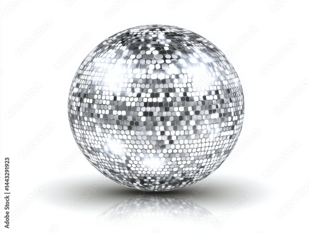 Fototapeta premium Sparkling disco ball casting reflections on a white surface creating a vibrant and energetic atmosphere for parties and celebrations with a clean background