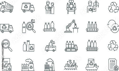 Plastic recycling line icon set. Vector pictograms of waste, conveyor, sustainability, reuse, energy, thermal, chemical, sorting process, bin, truck, logistics