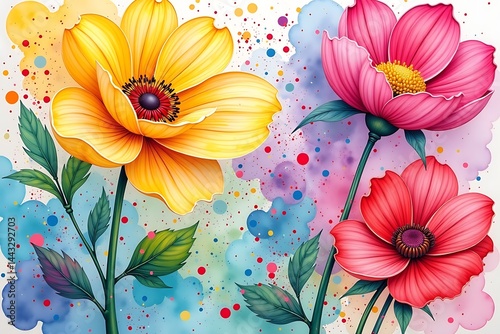 Wallpaper Mural Vibrant Watercolor Flowers, Yellow, Pink and Red Blooms with Leaves, on Splattered Colorful Background for Creative Projects                           Torontodigital.ca