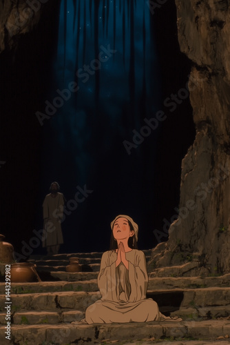 CARTOON - a hyperrealistic, emotionally powerful cinematic scene of Hannah, a devout woman from the Bible, kneeling in deep prayer at the entrance of the tabernacle in Shiloh.