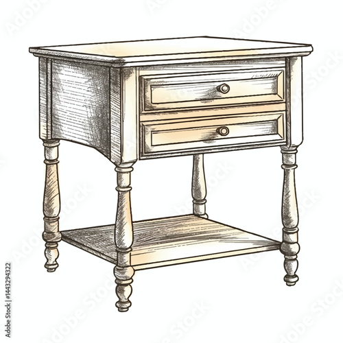 A highly detailed hand-drawn Bedside table