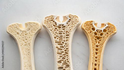 Osteoporosis bone density loss stages illustration, healthy to brittle femur cross sections, medical comparison concept, aging skeletal disease, anatomical cutaway