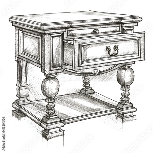 A highly detailed hand-drawn Bedside table