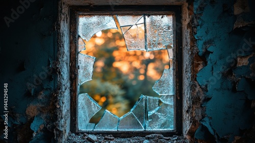 Broken window, view through shattered glass