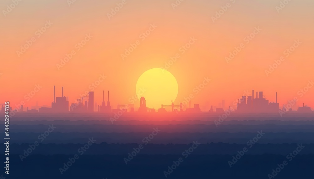 Fototapeta premium Serene sunset over a silhouetted cityscape, bathed in a warm, golden hue