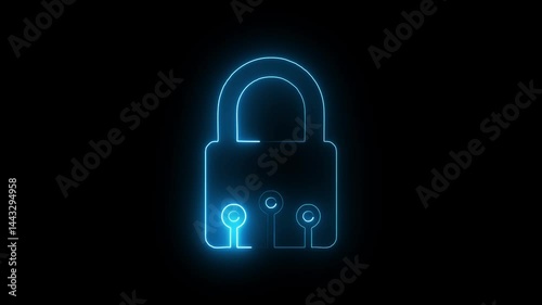 Glowing neon digital-padlock icon isolated on black background. HD Video motion graphic animation