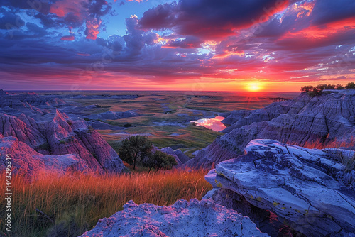 Experience awe-inspiring beauty of a sunrise in Badlands National Park, South Dakota, showcasing ethereal landscapes and breathtaking splendor that will leave you in a state of wonder and amazemen