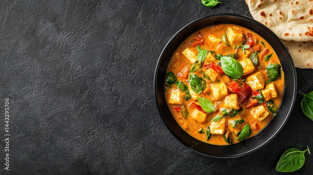 Vibrant and Delicious Paneer Curry with Fresh Herbs Served with Indian Bread on Dark Slate Background Vibrant and Delicious Paneer Curry with Fresh Herbs Served with Indian Bread on Dark Slate Background