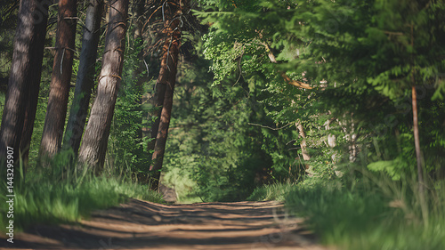 A serene brown dirt road meanders through a vast forest, surrounded by lush green trees with sunlight filtering through the canopy.