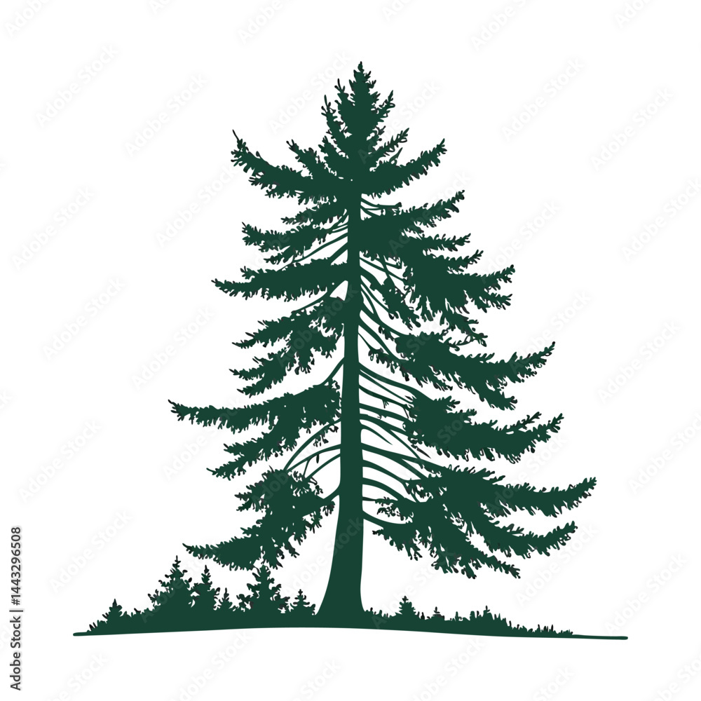 Fototapeta premium A simple, symmetrical of a tall evergreen pine tree with layered branches, dark green color, isolated on a clean and minimalistic flat vector style