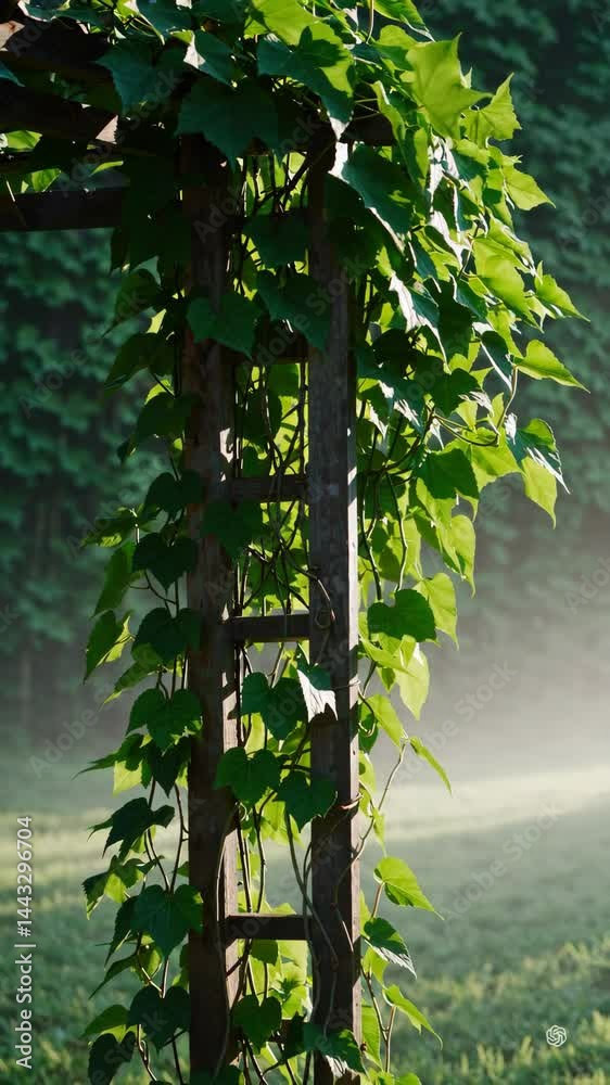 Mystical Morning Light Through Trellis in Lush Green Landscape Mystical Morning Light Through Trellis in Lush Green Landscape
