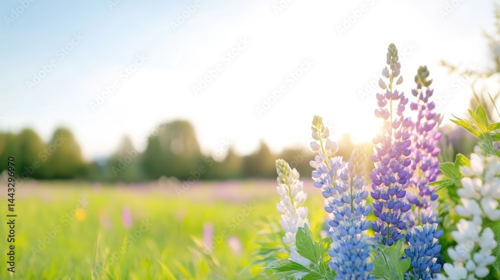 Obraz premium Purple and white lupine flowers blooming in a sunny green meadow during a bright summer day.