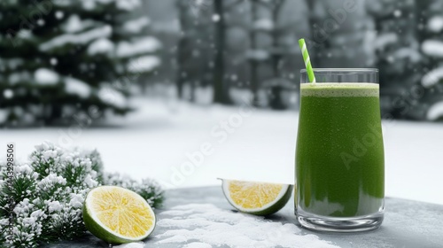 Health, immunity and routine concept. Refreshing green drink with lime in a snowy setting.