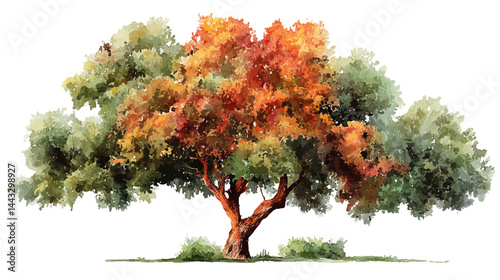 Abstract vector watercolor tree side view isolated on white background for landscape and architecture drawing, elements for environment and garden, botanical section and elevation   -  