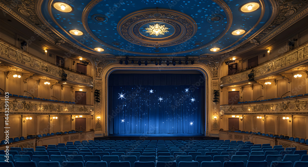 Obraz premium Opulent Blue and Gold Theater Interior Featuring Ornate Details Stage and Empty Seating with Dramatic Lighting