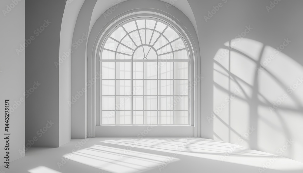 Fototapeta premium Empty room with arched window, sunlight and shadows