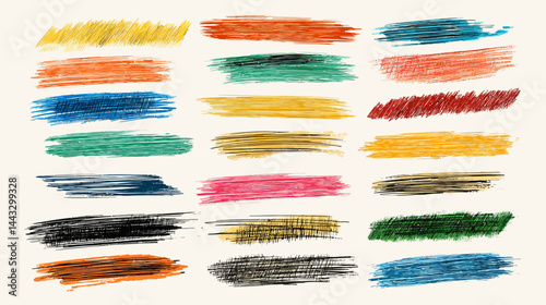 Brush stroke vector, color pencil and marker highlights, hand drawn scribble underline set   -  
